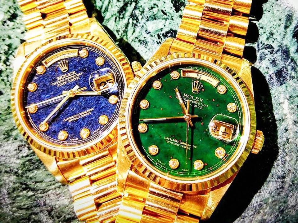80年代末、90年代初之「紅蟳」代表非Ref.18238莫屬，俗稱「太陽圈」的錶框及沉甸霸氣的貴金屬「總統帶」（president bracelet），是最具「蟳味」的元素。筆者珍藏的這兩只Day-Date並非常見的金色烤漆面，而是青金石與基督血石材質，現時在收藏市場上擁有高人氣。