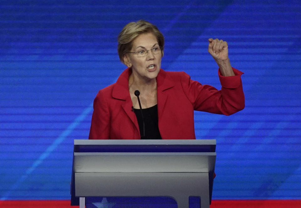 Sen. Elizabeth Warren, D-Mass., speaks Thursday, Sept. 12, 2019, during a Democratic presidential primary debate hosted by ABC at Texas Southern University in Houston. (AP Photo/David J. Phillip)