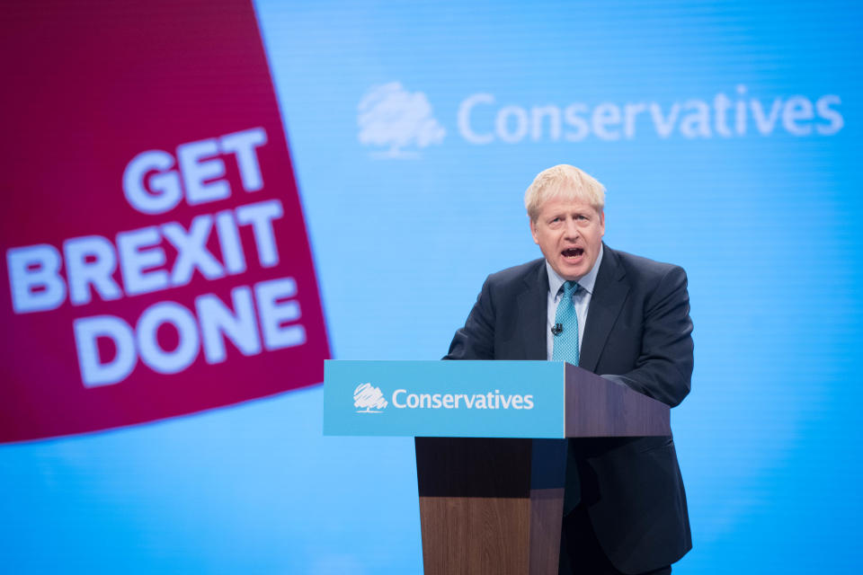 Prime Minister Boris Johnson delivers his speech during the Conservative Party Conference at the Manchester Convention Centre. PA Photo. Picture date: Wednesday October 2, 2019. See PA story TORY Main. Photo credit should read: Stefan Rousseau/PA Wire