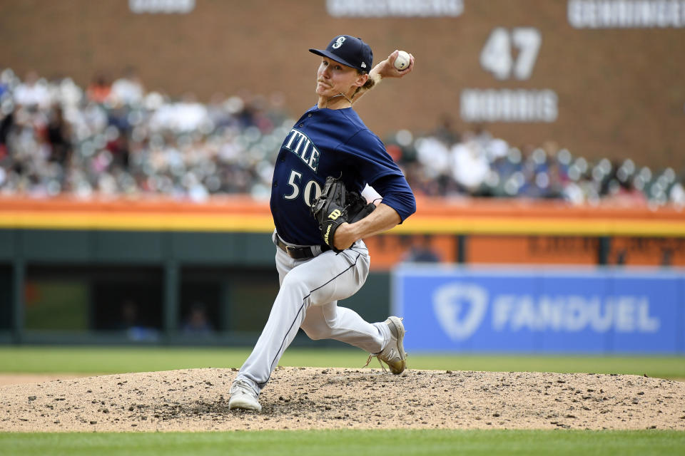 Seattle Mariners starting pitcher Bryce Miller throws against the Detroit Tigers in the seventh inning of a baseball game, Saturday, May 13, 2023, in Detroit. (AP Photo/Jose Juarez)