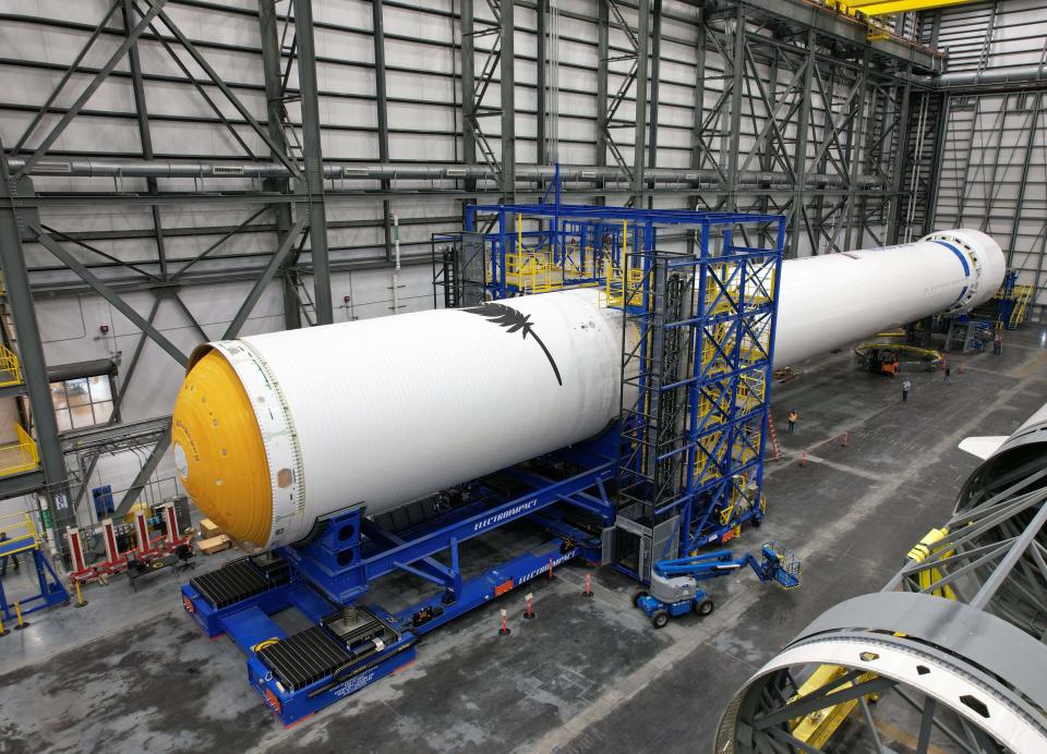 On Jan. 22, Blue Origin officials released this photo showing the first and second stages of the New Glenn test vehicle connected for the first time inside the company's integration facility at Launch Complex 36 at Cape Canaveral Space Force Station.