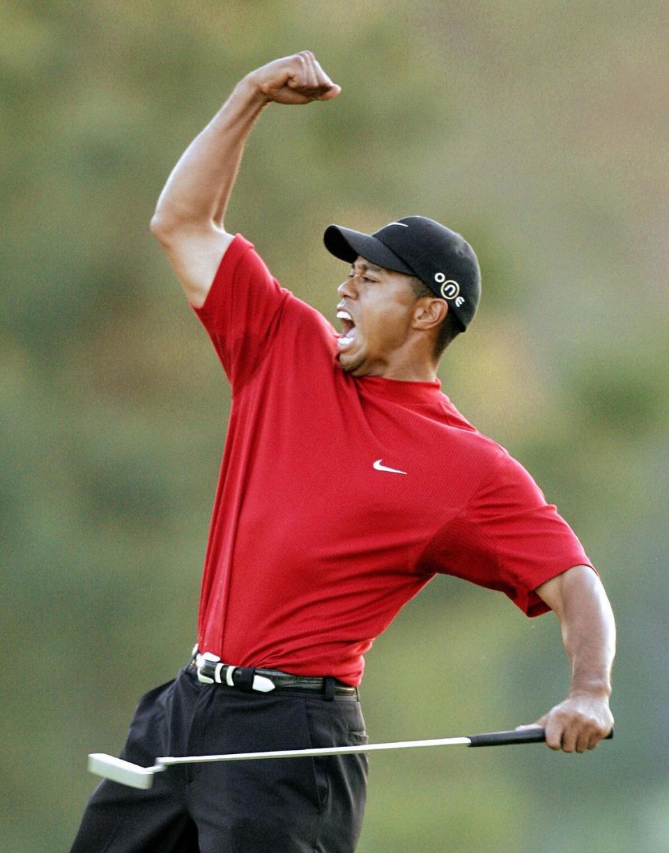 tiger woods of the us celebrates winning