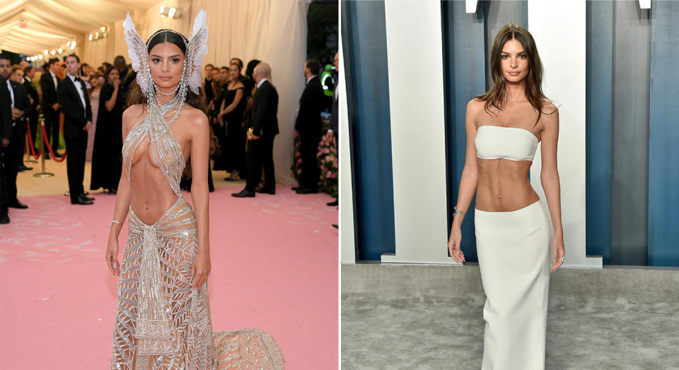 Emily Ratajkowski at the Met Gala in 2019 (L) and Vanity Fair Oscars after party in 2020 (R). (Getty Images)