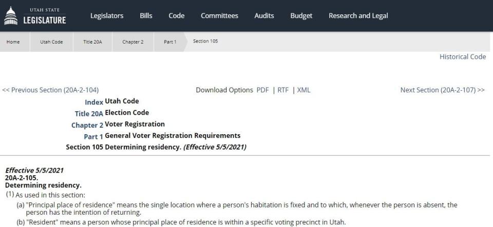 A screenshot of the Utah statute on residency.