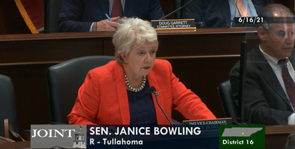 Tennessee state Sen. Janice Bowling questions Health Commissioner Dr. Lisa Piercey during a June 16 legislative hearing. Conservative lawmakers, including Bowling, were critical of the agency's efforts to vaccinate teenagers.