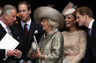 <div class="caption-credit"> Photo by: Matt Cardy | Getty Images</div>Prince Charles, Prince of Wales, Prince William, Duke of Cambridge, Camilla, Duchess of Cornwall, Catherine, Duchess of Cambridge and Prince Harry leave the Service Of Thanksgiving at St Paul's Cathedral.