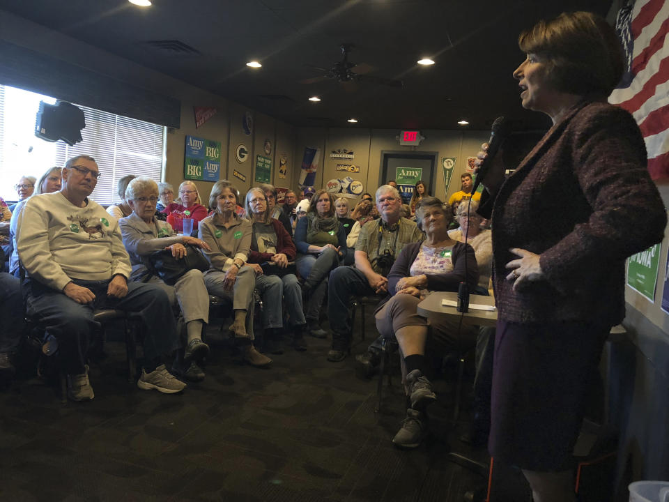 Democratic presidential candidate Amy Klobuchar speaks to voters in Algona, Iowa, Friday, Dec. 27, 2019. The stop was among three Friday in rural counties as the Minnesota senator completed her tour of all 99 Iowa counties (AP Photo/Sara Burnett)