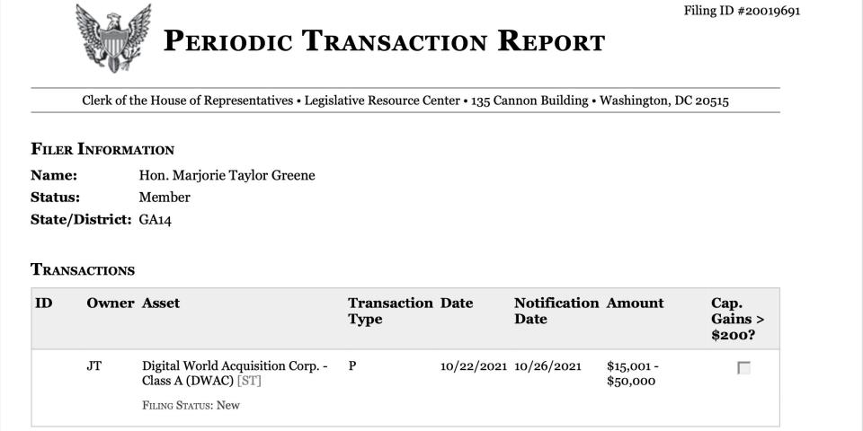 Rep. Marjorie Taylor Greene's Tuesday financial disclosure, detailing the investment in Digital World Acquisition Corp.