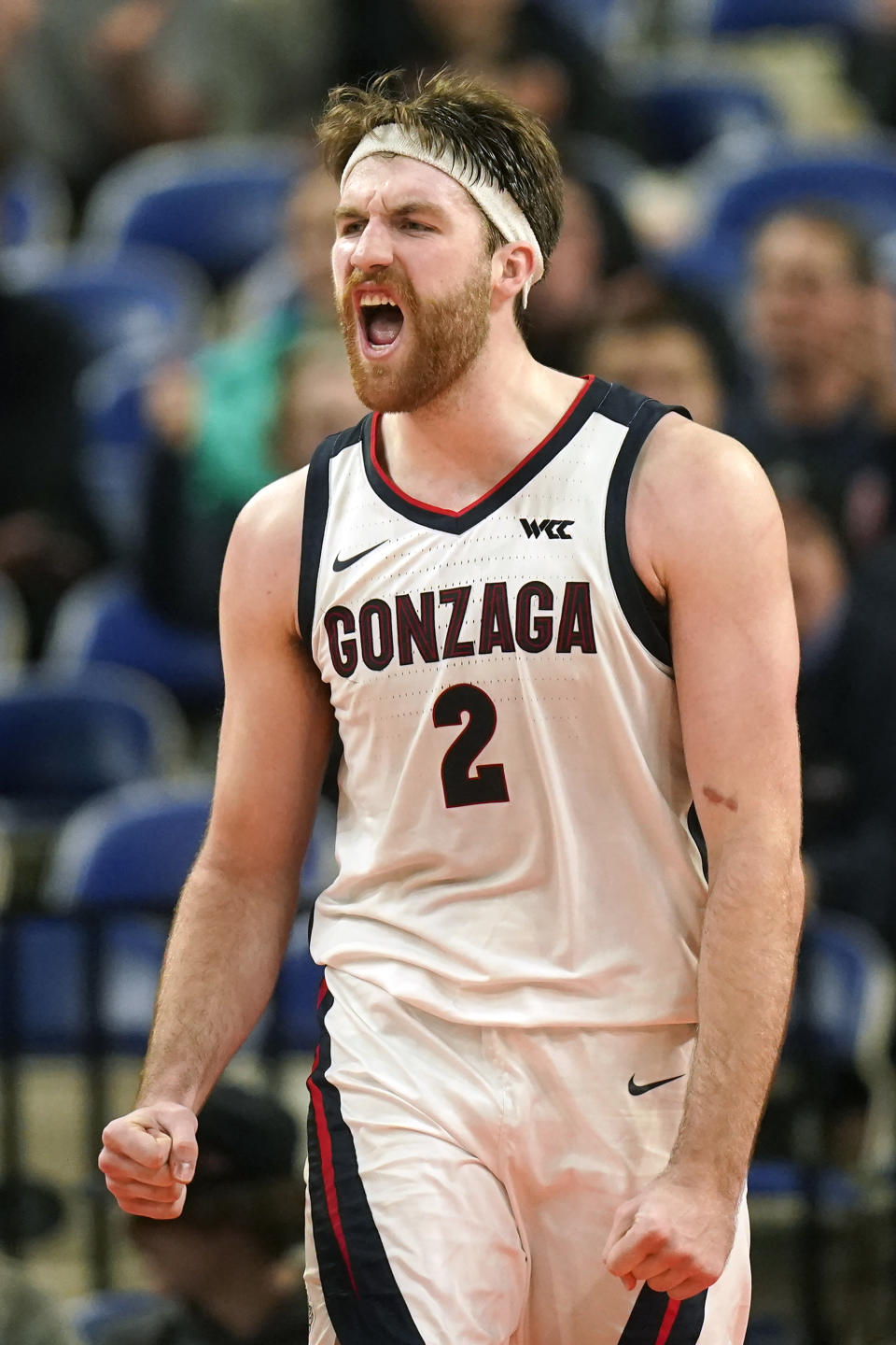 Gonzaga forward Drew Timme reacts after scoring against Xavier during the second half of an NCAA college basketball game in the Phil Knight Legacy tournament Sunday, Nov. 27, 2022, in Portland, Ore. (AP Photo/Rick Bowmer)