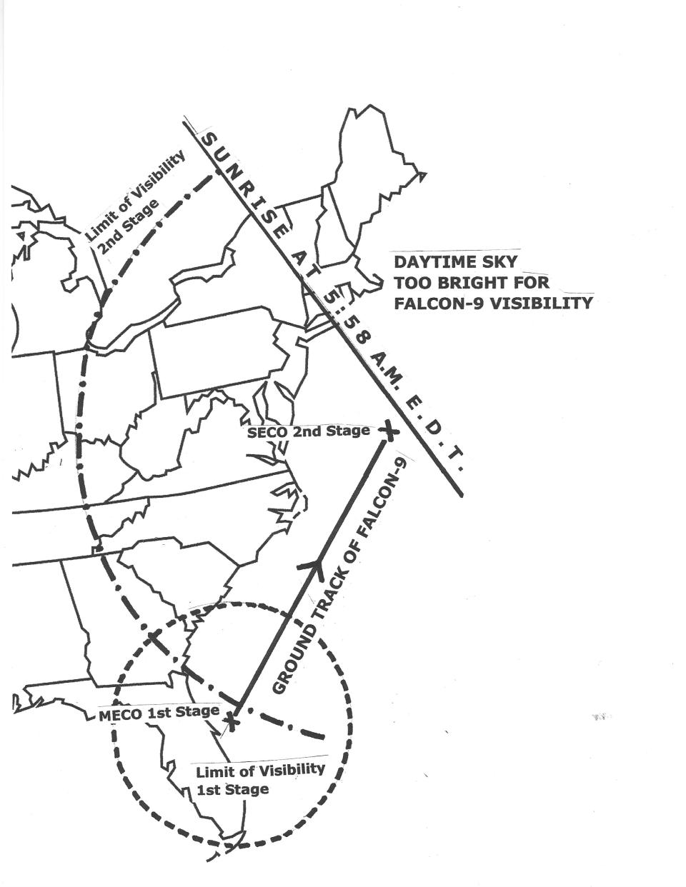 This sky map shows the U.S. East Coast visibility area for SpaceX's Falcon 9 rocket and Crew-2 astronaut launch on April 23, 2021.