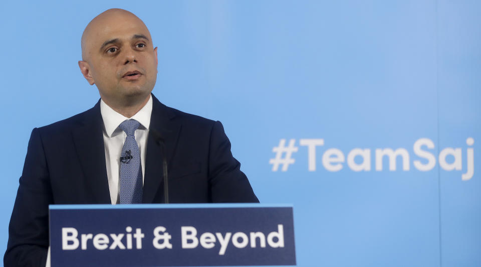 Conservative leadership contender and Britain's Home Secretary Sajid Javid delivers a speech to launch his campaign to become the next Conservative prime minister, in London, Wednesday, June 12, 2019. (AP Photo/Kirsty Wigglesworth)