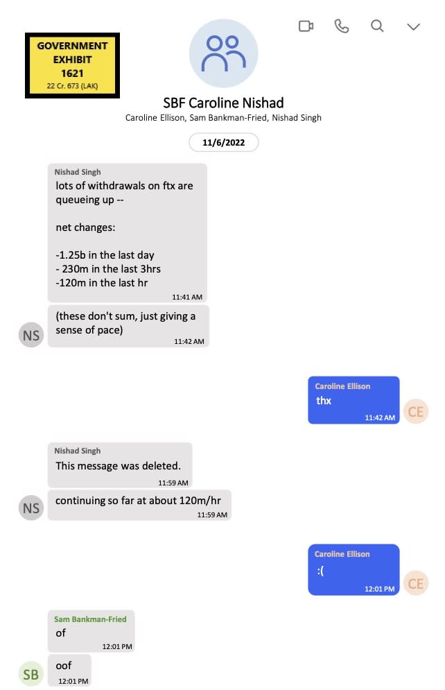 A screenshot of a text exchange between Bankman-Fried and his lieutenants. Courtesy of the Southern District of New York
