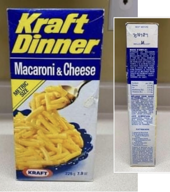 Box of Kraft Dinner Macaroni & Cheese, 225 grams (7.9 oz). Side panel shows ingredients and nutritional information