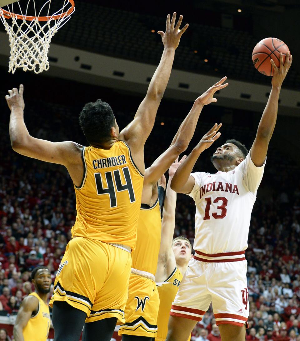 Indiana Hoosiers forward Juwan Morgan (13) attempts a shot during the game against Wichita State at Simon Skjodt Assembly Hall in Bloomington Ind., on Tuesday, March 26, 2019.