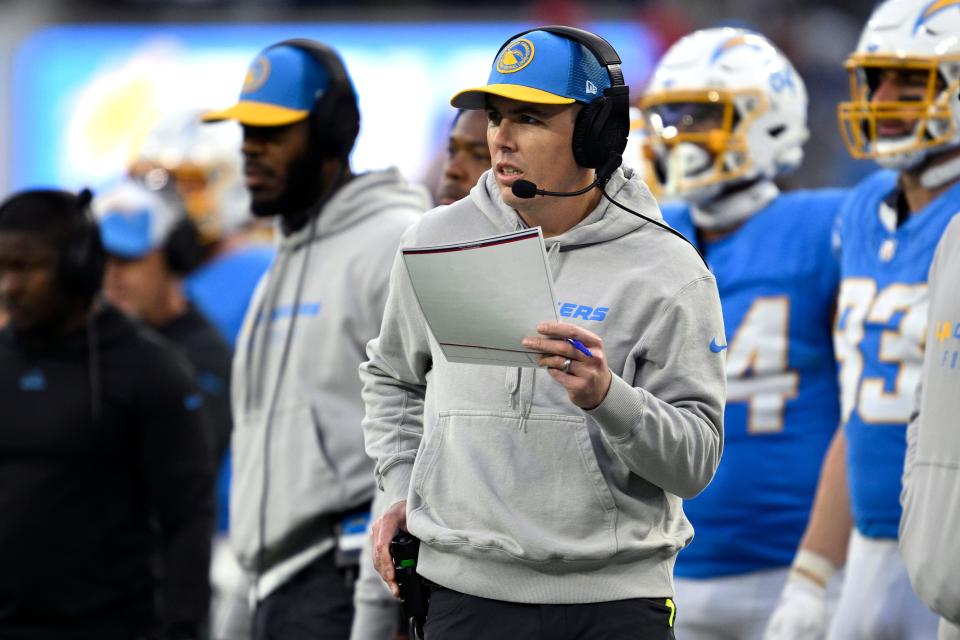Eagles offensive coordinator Kellen Moore, shown with the Los Angeles Chargers on Jan. 7, 2024, has big plans for the Eagles' offense.
