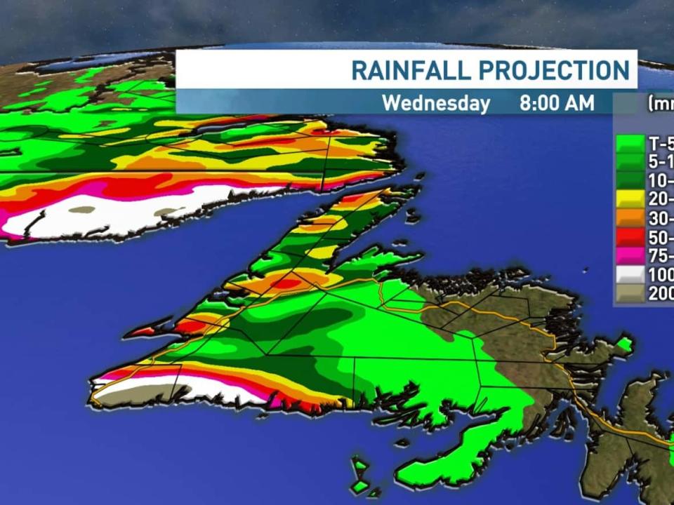 Parts of southwestern Newfoundland could see between 200 and 350 mm of rain beginning Tuesday and into Wednesday. (Ashley Brauweiler/CBC - image credit)