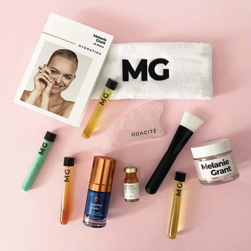 Melanie Grant at Home: Hydrating Advanced kit (0) includes her own Cleanse, Peel, Massage Solution and Cream Mask formulas, plus Biologique Recherche’s Serum Amniotique and Augustinus Bader’s The Rich Cream. - Credit: Courtesy of Rebecca with Melanie Grant