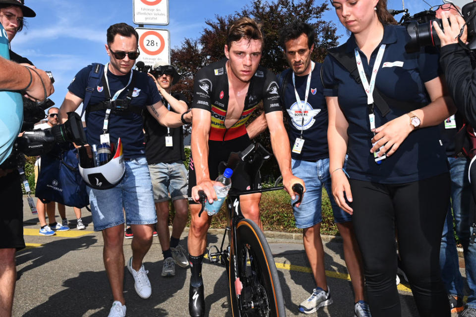 ABTWILL SWITZERLAND  JUNE 18 Remco Evenepoel of Belgium and Team Soudal QuickStep reacts after the 86th Tour de Suisse 2023 Stage 8 a 257km individual time trial from St Gallen to Abtwil  UCIWT  on June 18 2023 in Abtwil Switzerland Photo by Tim de WaeleGetty Images