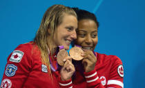 Canada's Emilie Heymans and Jennifer Abel show off their bronze medal on the podium at the women's synchronised 3-metre springboard final at the Aquatic Centre in the Olympic Village at the 2012 Summer Olympics in London on Sunday, July 29, 2012. THE CANADIAN PRESS/Sean Kilpatrick