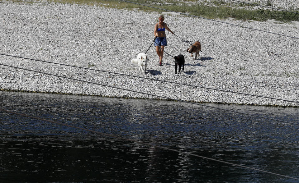 A woman walks with her dogs next to Ticino river in Bereguardo, near Pavia, Italy, Friday, Aug. 3, 2018. Hot air from Africa is bringing a heat wave to Europe, prompting health warnings about Sahara Desert dust and exceptionally high temperatures that could peak at 47 degrees Celsius (117 Fahrenheit). (AP Photo/Antonio Calanni)