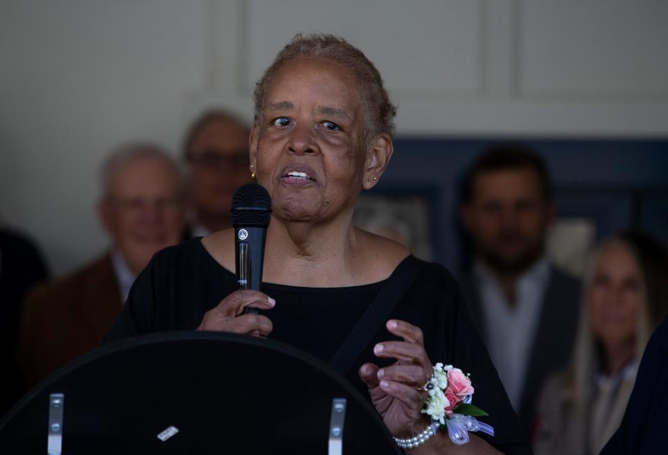 Coralie Todd, the daughter of Lunch Break founder Norma Todd, speaks to the crowd. Lunch Break celebrates its grand opening after a renovation and expansion project. The founder, Norma Todd, was also honored with a street being named in her honor, Norma Todd Way. 
Red Bank, NJ
Thursday, April 25, 2024