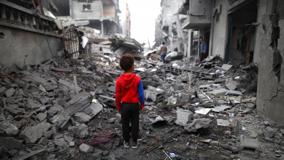 PHOTO: A boy stands in front of the rubble after an Israeli airstrike in Maghazi refugee camp, central Gaza Strip, Apr. 4, 2024.  (Xinhua/Shutterstock)