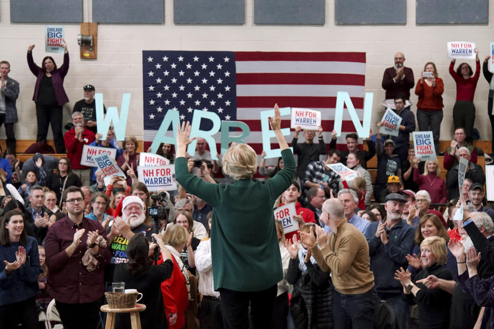 Democratic presidential candidate Sen. Elizabeth Warren, D-Mass., cheers with her supporters after speaking during a campaign stop, Saturday, Nov. 23, 2019, in Manchester, N.H. (AP Photo/Mary Schwalm)