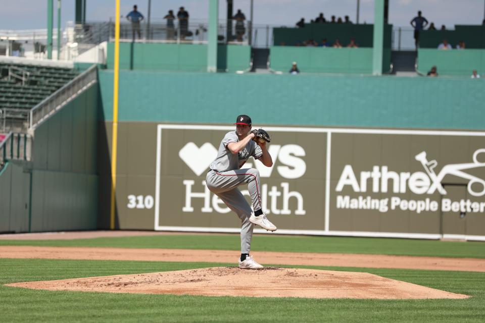 Medway resident James Quinlivan throws a pitch during Northeastern University's exhibition game against the Boston Red Sox on Feb. 24, 2023, at JetBlue Park in Fort Myers, Florida.