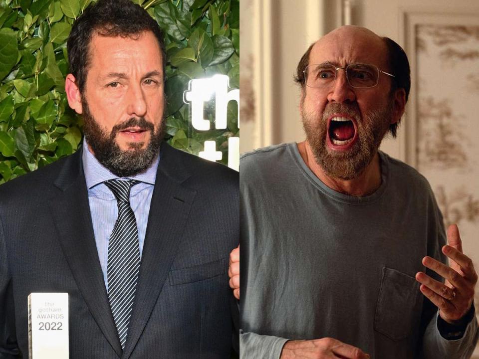 adam sandler posing on a red carpet and nicolas cage playing the lead character in an a24 movie