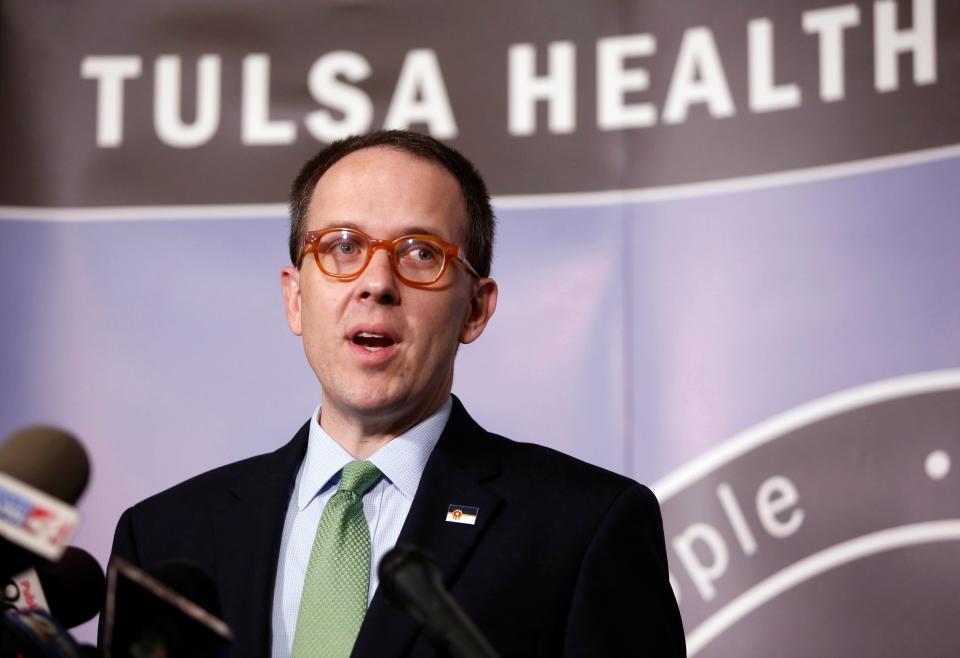 Tulsa Mayor G.T. Bynum speaks during a news conference at police headquarters in Tulsa, Okla., on June 17, 2020. President Donald Trump is scheduled to hold a rally Saturday in Tulsa.