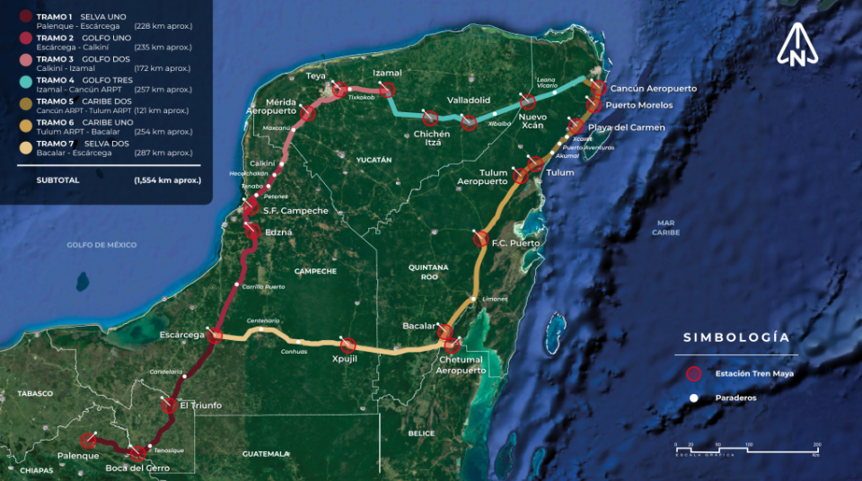 <em>El mapa muestra los diferentes tramos que contempla el proyecto del Tren Maya. Imagen tomada de la página de Fonatur.</em>