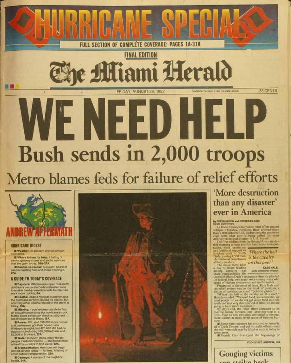 FOR HURRICANE ANDREW 10TH ANNIVERSARY STORIES -- COPIES OF 1992 FRONT PAGES FROM THE MIAMI HERALD