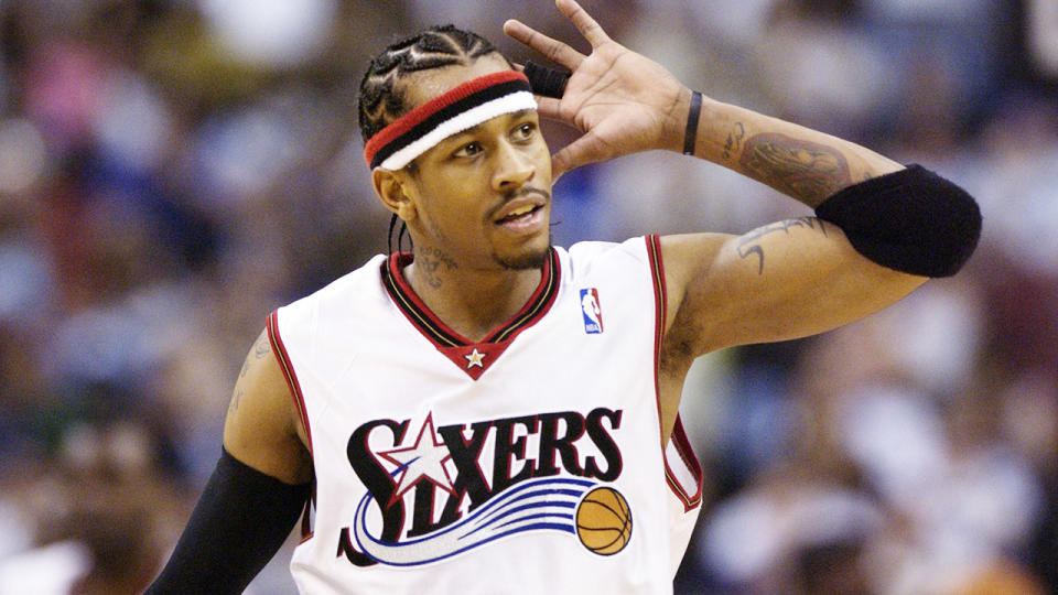 Allen Iverson, pictured here gesturing to fans while playing for the 76ers in 2003.