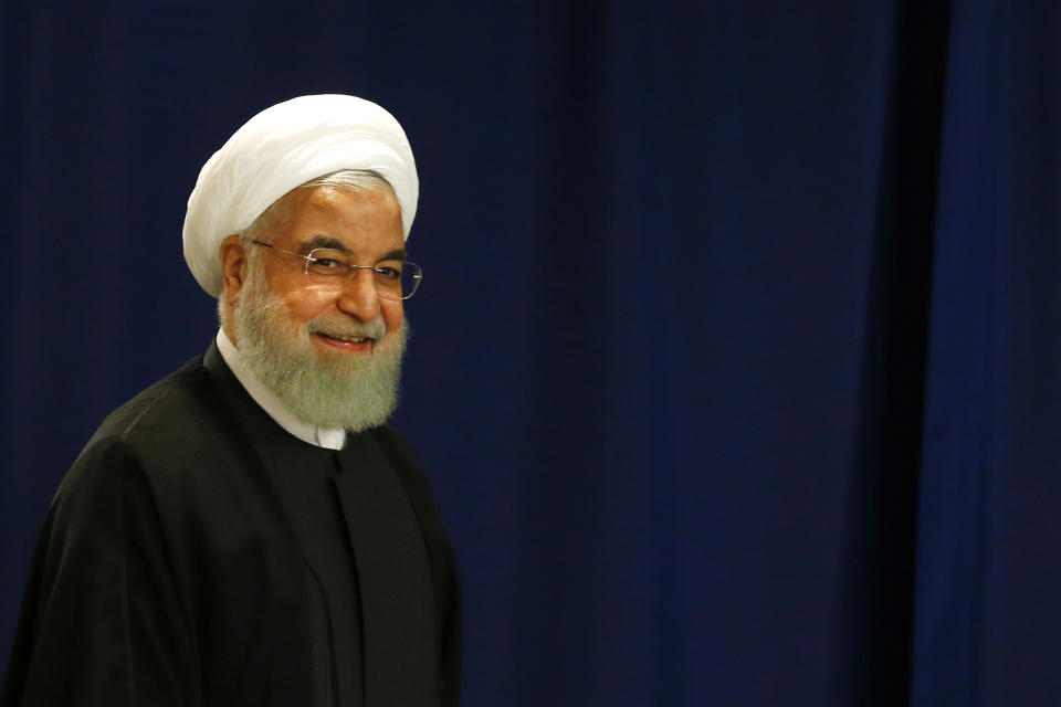 Iran's President Hassan Rouhani arrives for a meeting with United Nations Secretary-General Antonio Guterres during the 74th session of the U.N. General Assembly, at U.N. headquarters, Wednesday, Sept. 25, 2019. (AP Photo/Jason DeCrow)