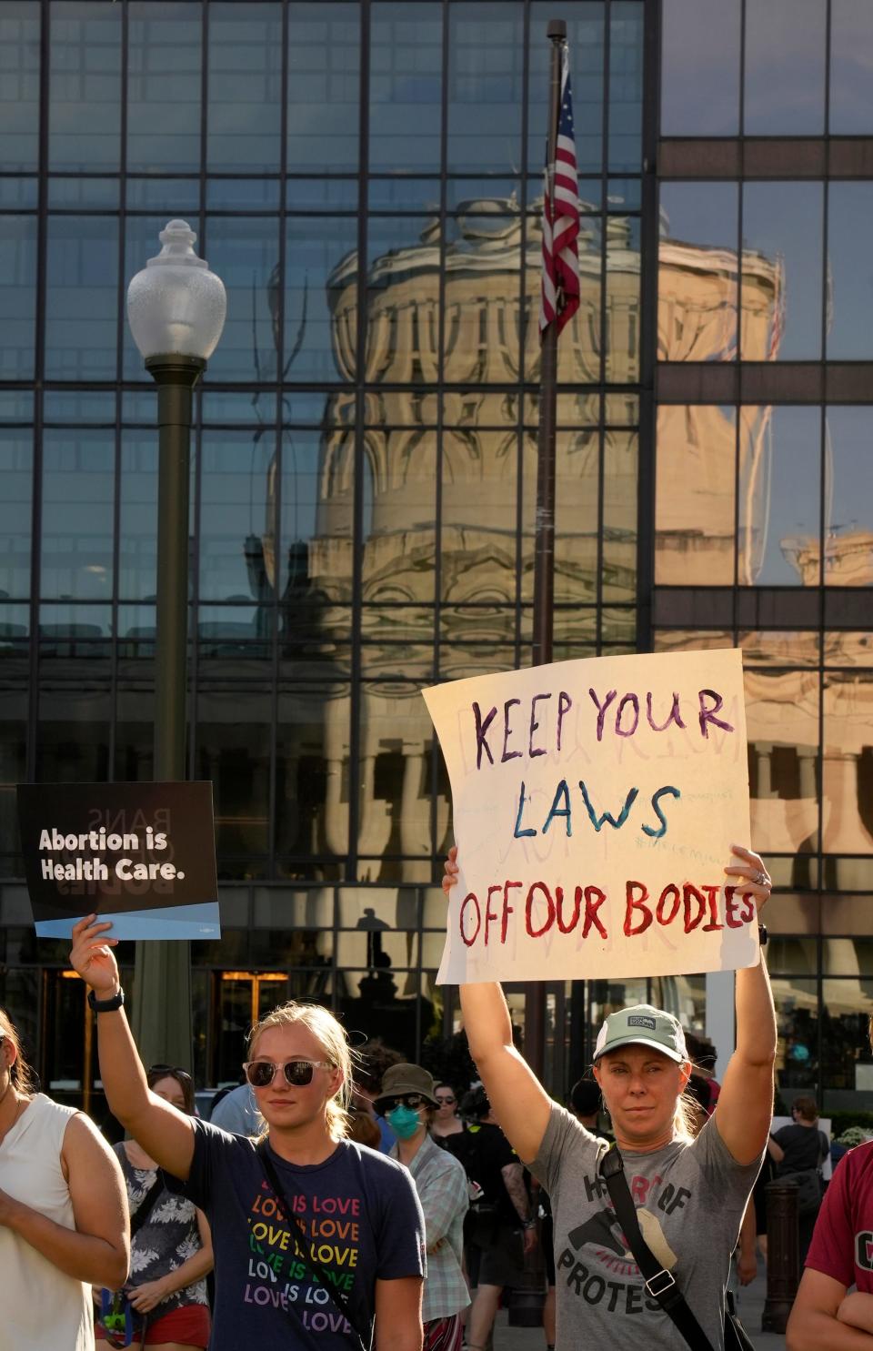 June 24, 2022; Columbus, Ohio, United States;  Hundreds of people rallied at the Ohio Statehouse and marched through downtown Columbus in support of abortion after the Supreme Court overturned Roe vs. Wade on Friday. Mandatory Credit: Barbara J. Perenic/Columbus Dispatch