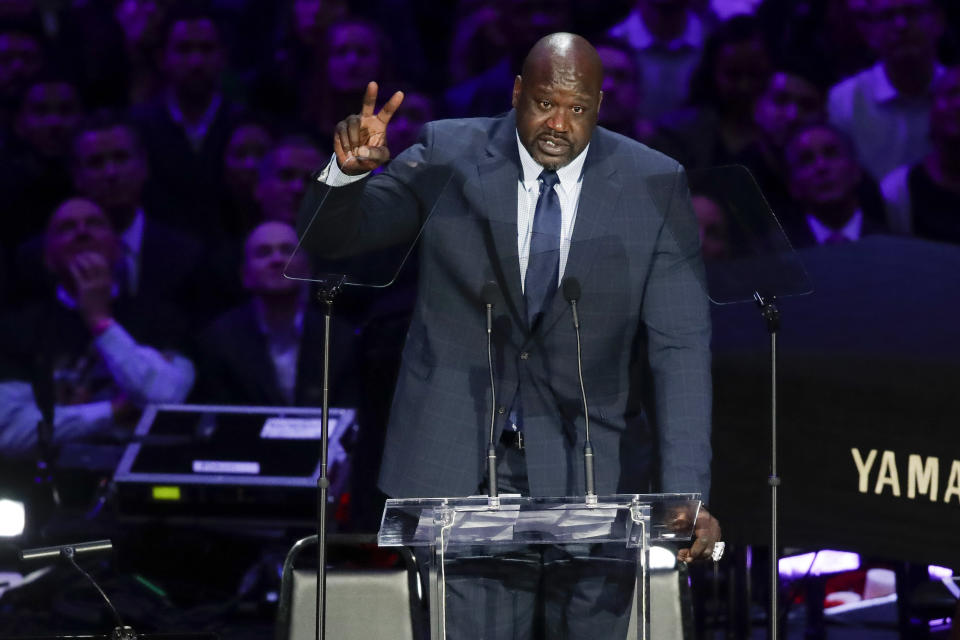 Shaquille O'Neal speaks during a celebration of life for Kobe Bryant and his daughter Gianna Monday, Feb. 24, 2020, in Los Angeles. (AP Photo/Marcio Jose Sanchez)