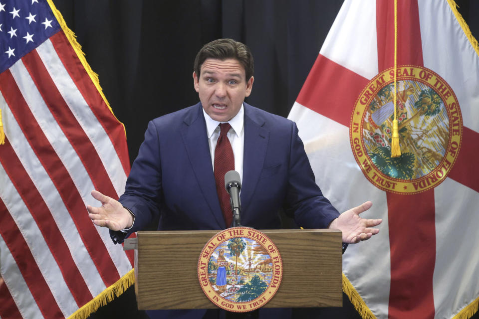 FILE - Florida Gov. Ron DeSantis delivers remarks during a press conference at the Central Florida Tourism Oversight District headquarters at Walt Disney World, in Lake Buena Vista, Fla., Thursday, Feb. 22, 2024. Allies of DeSantis and Disney reached a settlement agreement Wednesday, March 27, in a lawsuit over who controls Walt Disney World’s governing district. (Joe Burbank/Orlando Sentinel via AP, File)