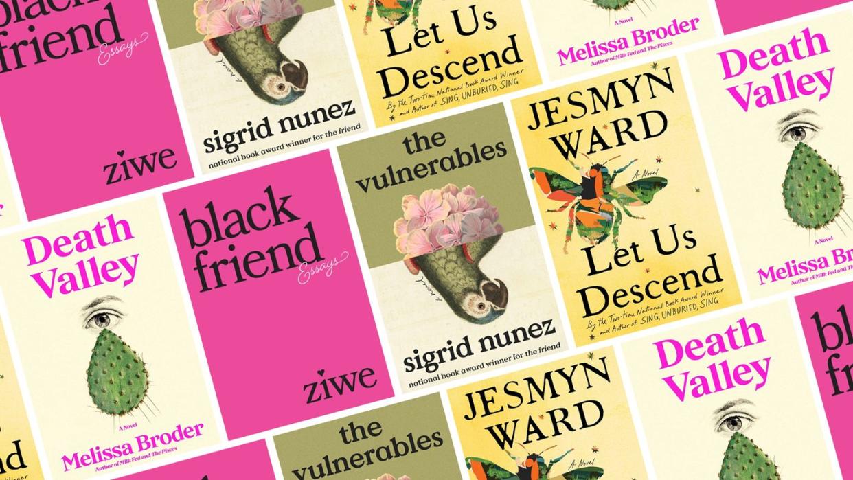 the covers for books by ziwe, sigrid nunez, jesmyn ward, and melissa broder