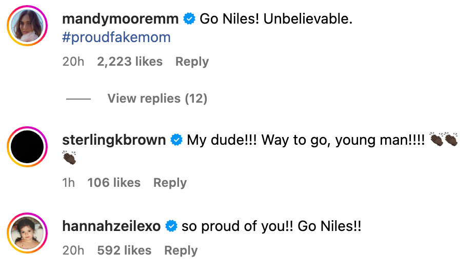 Mandy Moore, Sterlin K. Brown and Hannah Zeile in Niles Fitch's Instagram Comments