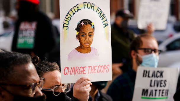 PHOTO: Protesters demonstrate calling for police accountability in the death of 8-year-old Fanta Bility who was shot outside a football game, at the Delaware County Courthouse in Media, Pa., on Jan. 13, 2022. (Matt Rourke/AP)
