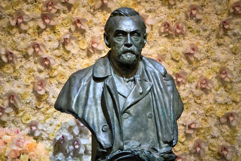 A bronze bust of Alfred Nobel is pictured before the Nobel Prize ceremony at Stockholm Concert Hall, in Stockholm