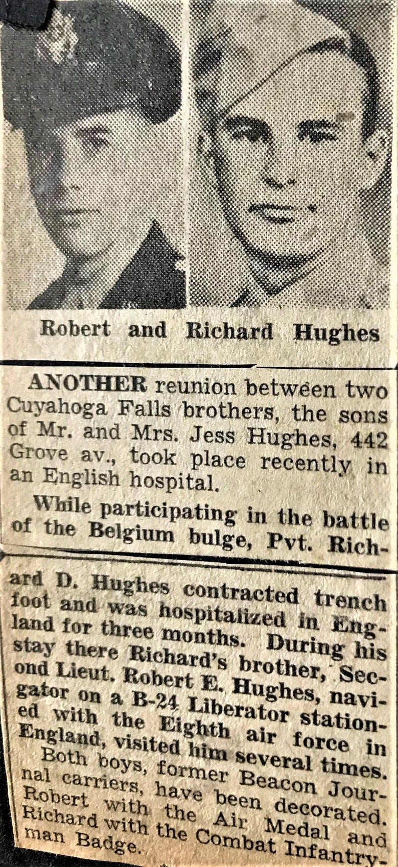 An Akron Beacon Journal article about Bob Hughes, left, and his younger brother, Richard, in World War II. Both once delivered the newspaper.