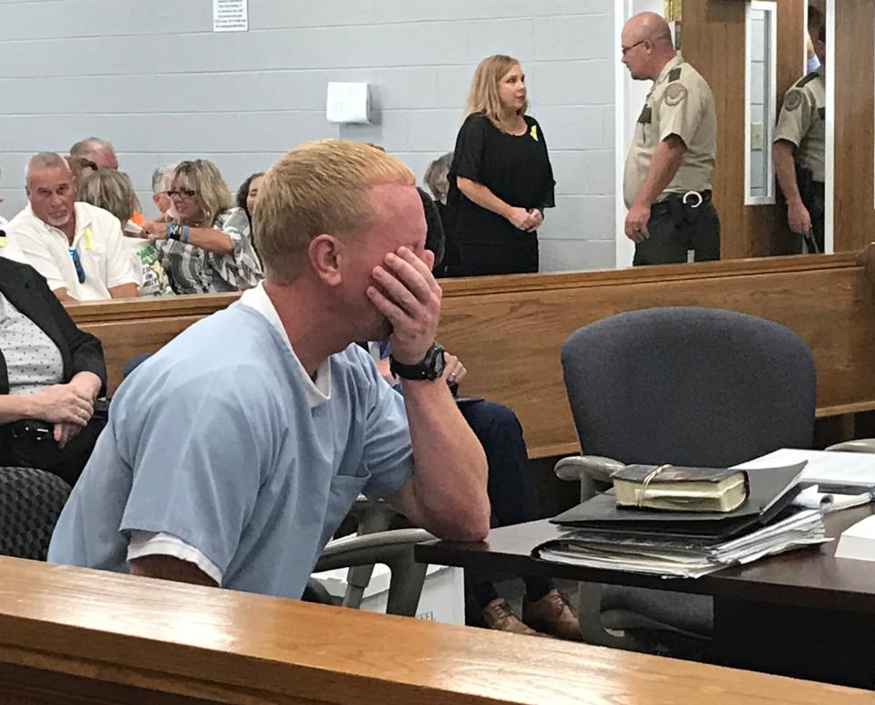 Adam Braseel fights back emotion as he waits for his hearing in Grundy County Circuit Court to begin Wednesday, June 26, 2019. Attorneys for Braseel, who's serving a life sentence for the 2006 killing of Malcolm Burrows, argue he was wrongly convicted and that a similar looking man, now dead, committed the crime.