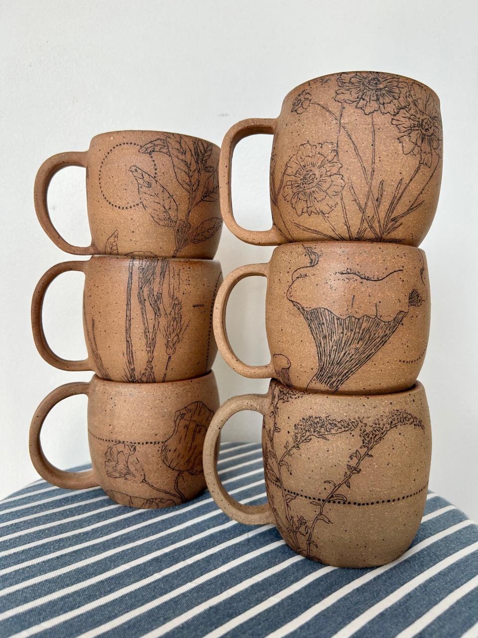 The Mishima technique allows Carey Ellen Pettigrew Goss to notice otherwise missed details of these beautiful and ecologically important plants on her Soil and Spoon mugs.