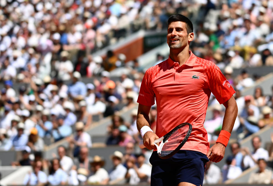 PARIS, FRANCE - JUN 4: Novak Djokovic of Serbia plays against Juan Pablo of Peru during the Men's Fourth Round Match on Day Eight of the 2023 French Open at Roland Garros on Jun 4, 2023 in Paris, France. (Photo by Christian Liewig - Corbis/Corbis via Getty Images)