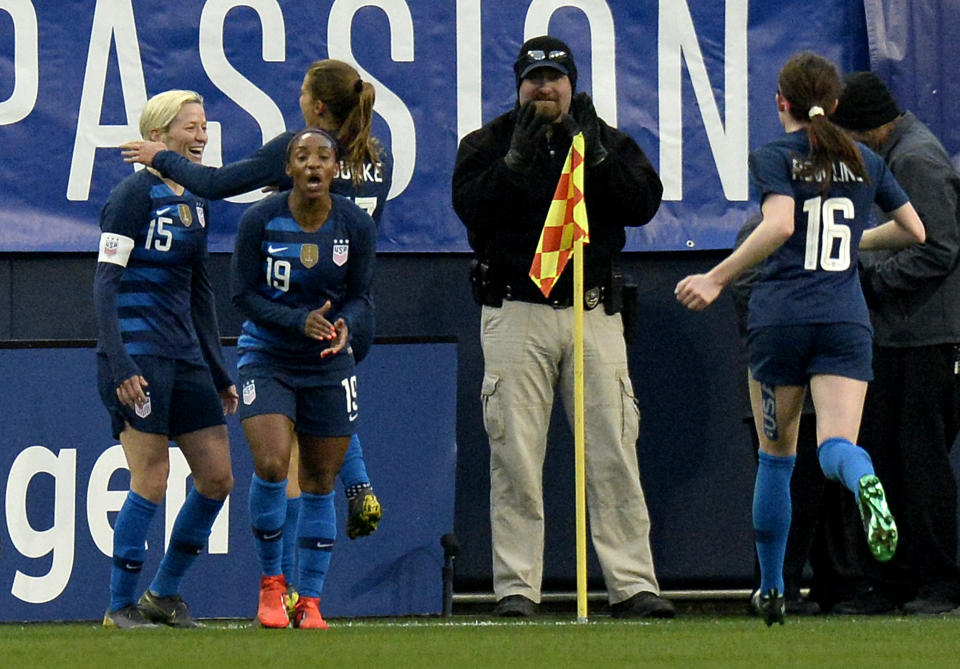 United States forward Megan Rapinoe (15) celebrates with teammates after scoring a goal against England during the first half of a SheBelieves Cup women's soccer match Saturday, March 2, 2019, in Nashville, Tenn. (AP Photo/Mark Zaleski)