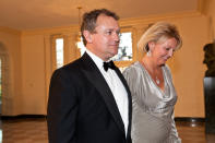 WASHINGTON - MARCH 14: Actor Hugh Bonneville and LuLu Williams arrive for a State Dinner in honor of British Prime Minister David Cameron at the White House on March 14, 2012 in Washington, DC. Cameron is on a three day official visit to Washington. (Photo by Brendan Hoffman/Getty Images)