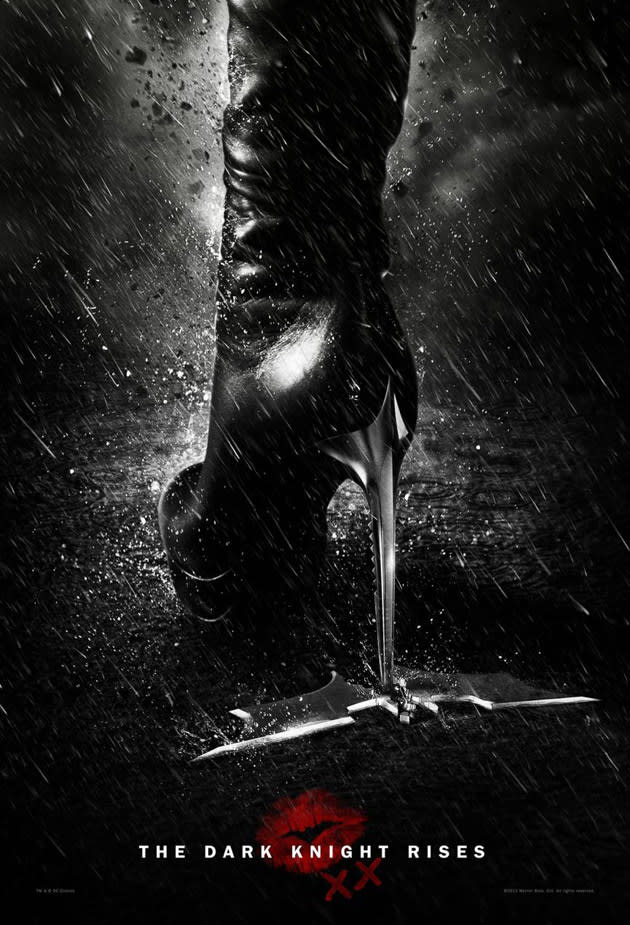 <b>‘The Dark Knight Rises’ (2012)</b><br><br> Catwoman plays a big part in this film, largely as Batman’s morally-suspect ally. This poster tells us a lot about the character - she’s seductive, hence the kisses (note the bat-symbol between the lips), and she’s not going to let Batman, or anyone, walk all over her. <br><br><b>[Related feature: <a href="http://uk.movies.yahoo.com/the-dark-knight-rises--the-secrets-of-nolan%E2%80%99s-success.html" data-ylk="slk:The Dark Knight Rises - The secrets to Nolan's success;elm:context_link;itc:0;sec:content-canvas;outcm:mb_qualified_link;_E:mb_qualified_link;ct:story;" class="link  yahoo-link">The Dark Knight Rises - The secrets to Nolan's success</a> ]</b>