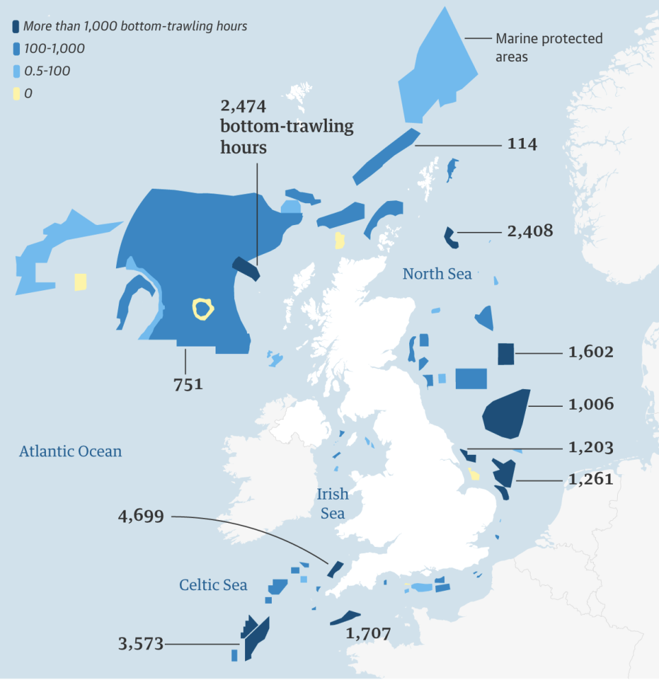 Fishing hours for bottom-towed fishing gears. Data compiled by Oceana. The Guardian