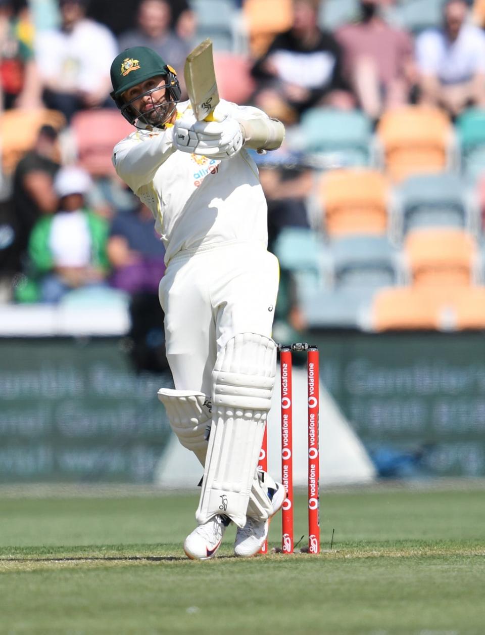 Nathan Lyon hit Wood for three sixes in the space of four balls (Darren England via AAP/ PA) (PA Media)